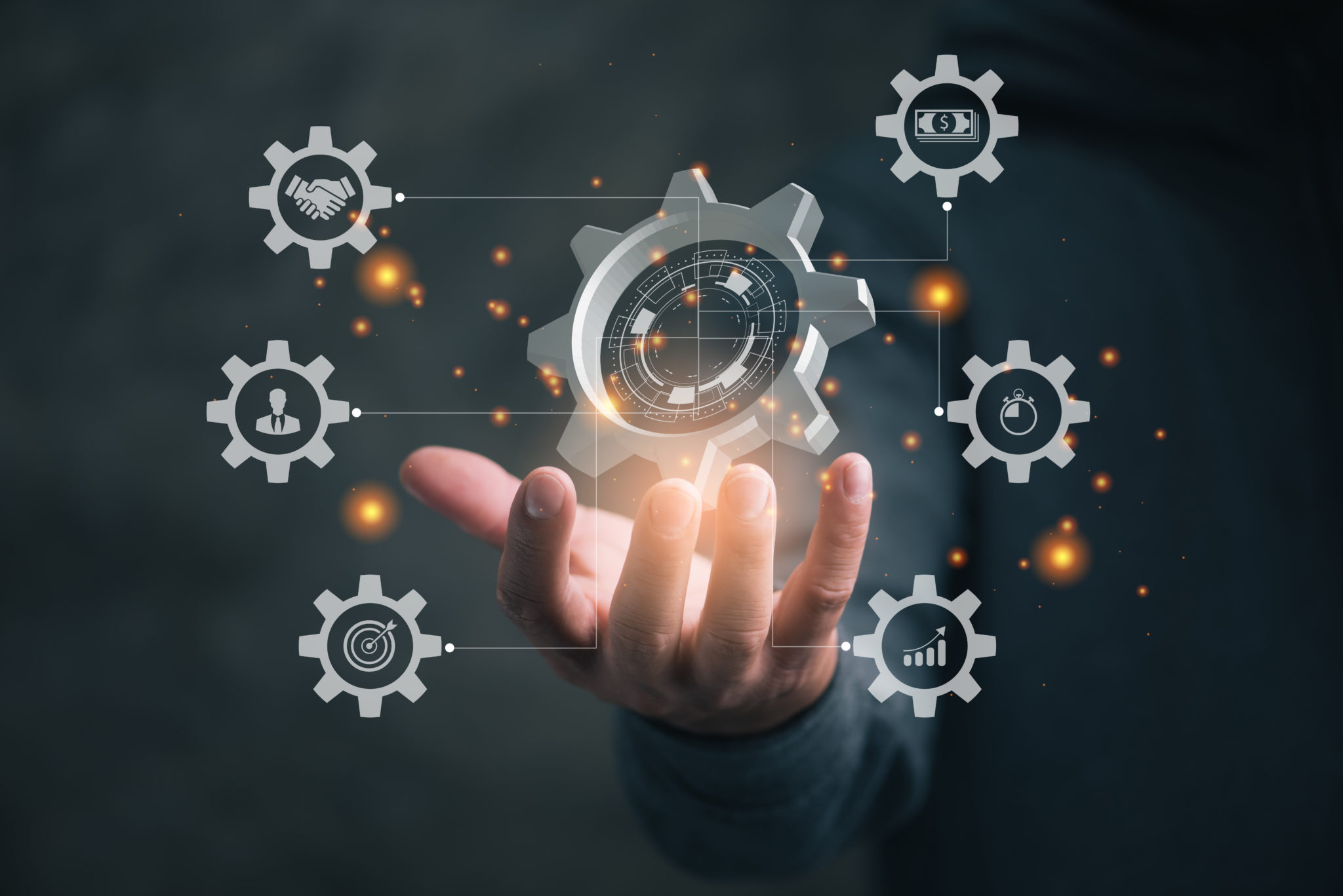 Business process management and workflow automation diagram with gears